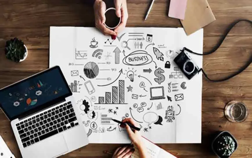 Business and learning ideas on a collaborative workspace